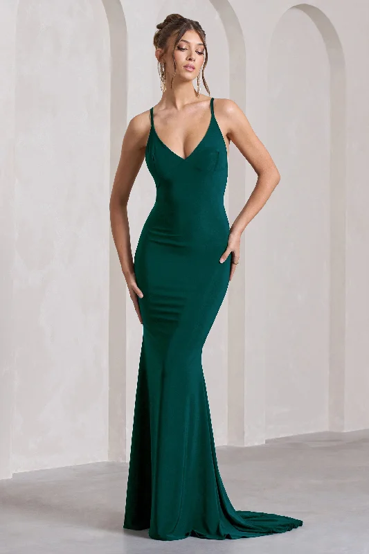 Exclusive Access Lucky Number | Bottle Green Cross Back Fishtail Maxi Dress