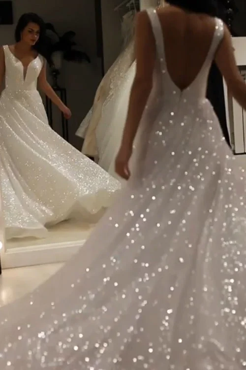 Bargain Prices Sparkly Bridal Gowns V Neck Backless Wedding Dresses with Sequins