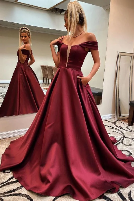 Midnight Madness Simple Off Shoulder A Line Satin Long Prom Dresses