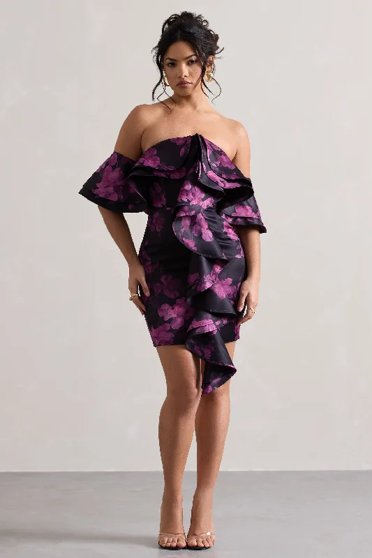 Don’t Miss Out Aspen | Black Floral Print Bardot Mini Dress With Ruffles