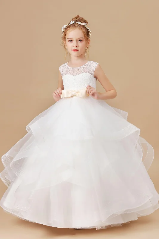 Discount Extravaganza Ivory Multi-layered Tulle Ruffled Satin Flower Girl Dresses With Champagne Bow Front and Back