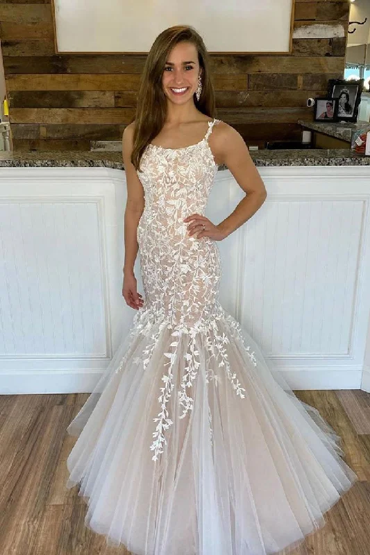 New Deals Beautiful Sleeveless Tulle Lace Appliques Mermaid Long Prom Dresses