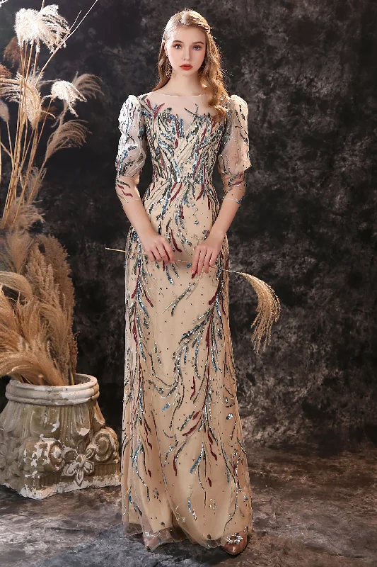Lowest Price Stunning Half Sleeves A Line Floor-length Sequins Beaded Prom Dresses