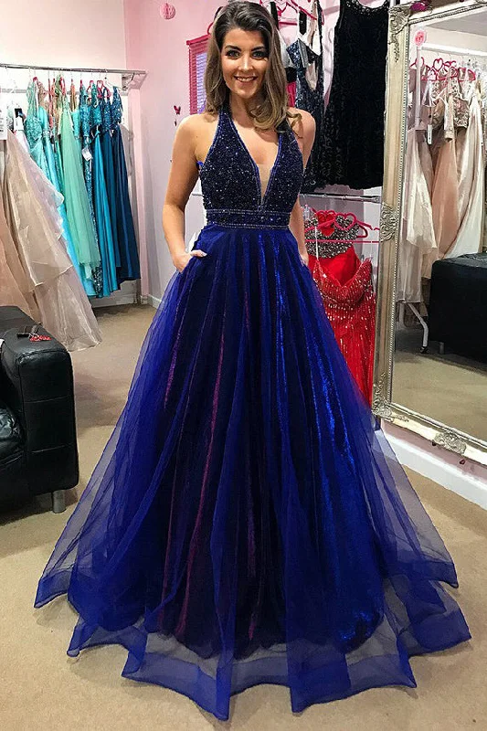 Take Advantage Modest Unique Royal Blue And Purple V-neck Beading Long Prom Dresses With Pockets Take Advantage Modest Unique Royal Blue And Purple V-neck Beading Long Prom Dresses With Pockets