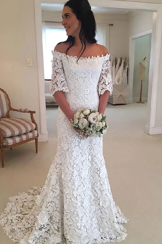 Shop and Save Classy Half Sleeve Off the Shoulder Lace Wedding Dresses