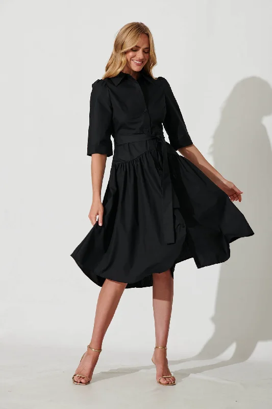 Deep Discounts Marie Midi Shirt Dress In Black Cotton Blend