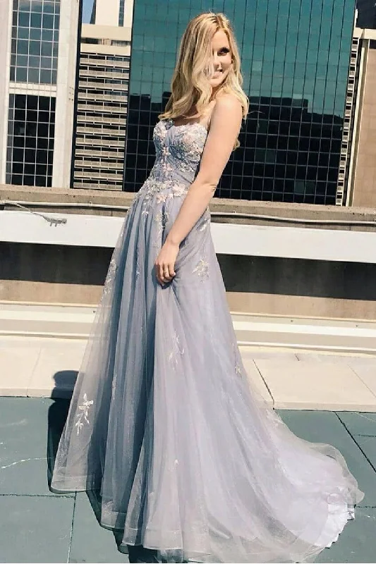 Online Exclusive Silver Sleeveless A-line Spaghetti Straps Lace Long Prom Dresses