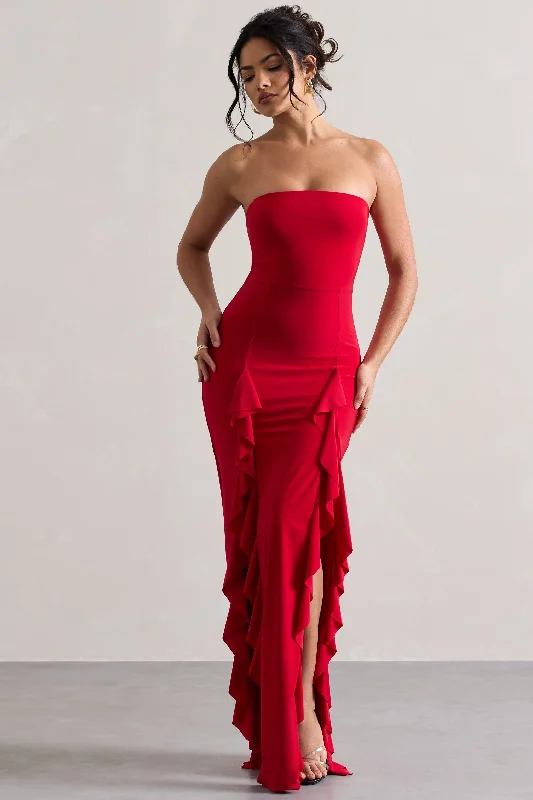 Final Clearance Susan | Red Bandeau Maxi Dress With Ruffled Splits