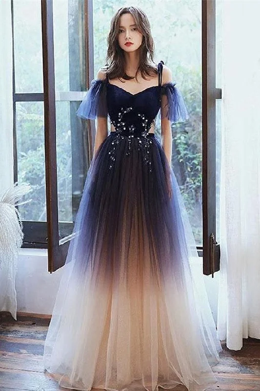 Online Only Blue Spaghetti Straps Long Princess Pretty Prom Dresses For Girls