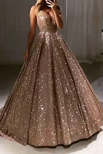 Deal Dash Sparkly A-line Sleeveless V Neck Ball Gown Prom Dresses