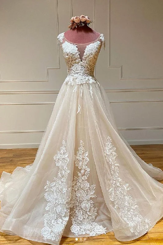 Major Savings Champagne Sleeveless Round Neck Tulle Lace Long Prom Dresses