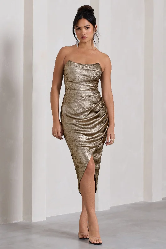Price Fest Blizzard | Gold Metallic Corset Wrap Midi Dress