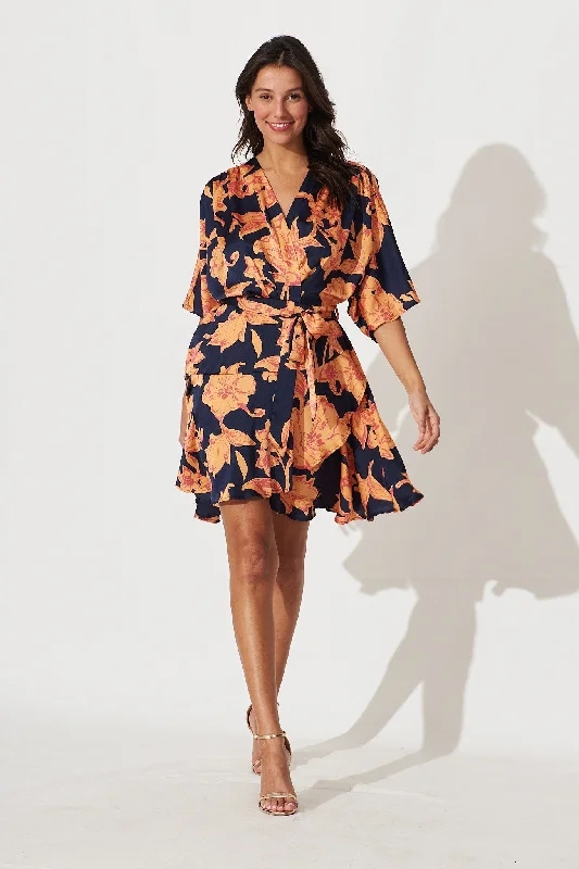 New Markdowns Sunday Dress In Navy With Apricot Floral Print Satin
