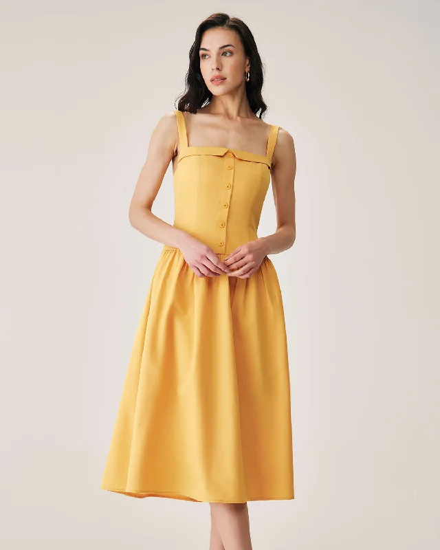 Deep Discounts Yellow Button Pleated Slip Midi Dress