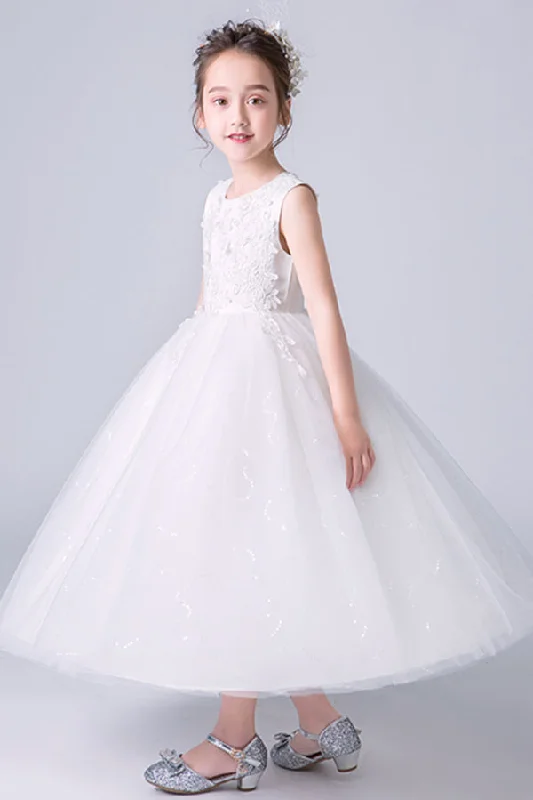 Clearance Sale Elegant White Appliques Sleeveless Tulle Satin Ankle Length Flower Girl Dresses Clearance Sale Elegant White Appliques Sleeveless Tulle Satin Ankle Length Flower Girl Dresses