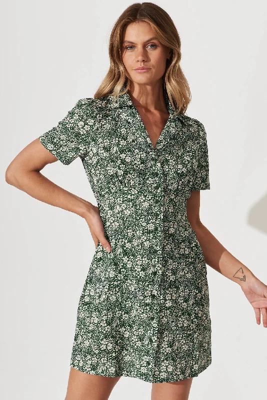 Markdowns Zuri Shirt Dress In Green With Ivory Floral Cotton