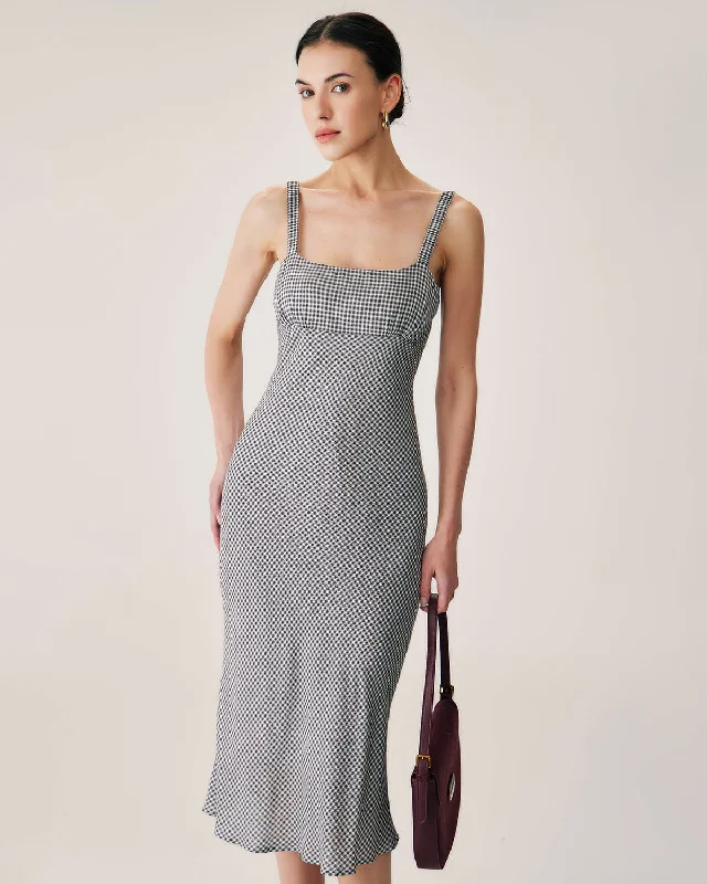 Act Now Black Plaid Ruched Slip Midi Dress