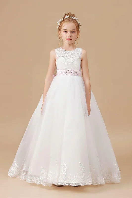 Lowest Price Floor-length Sleevelesss Lace Tulle Satin Flower Girl Dresses With Pink Bowknot Sash