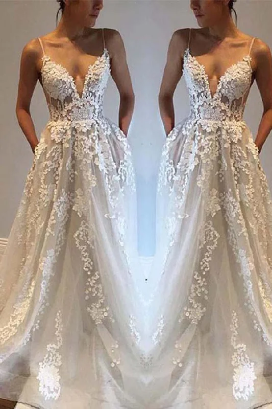 Midnight Madness Spaghetti A-line Straps Floor-length Sleeveless Tulle Wedding Dresses