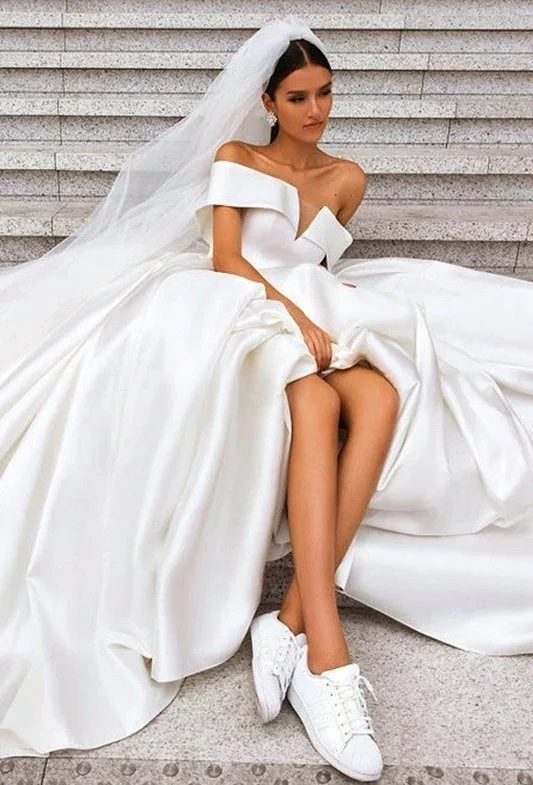 Season Finale Sale Simple Off The Shoulder Ivory Satin Wedding Dresses Lace Up Wedding Gowns Season Finale Sale Simple Off The Shoulder Ivory Satin Wedding Dresses Lace Up Wedding Gowns