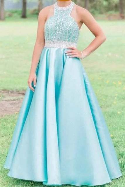 Year-End Sale Pretty Halter Beading Backless Long Satin Floor Length Prom Dresses