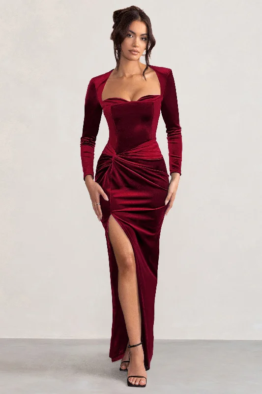 Savings Bonanza Fay | Berry Velvet Corset Style Knot Maxi Dress