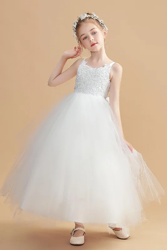 Big Discounts Ivory Straps Round Neck Flower Girl Dresses With Lace Appliques