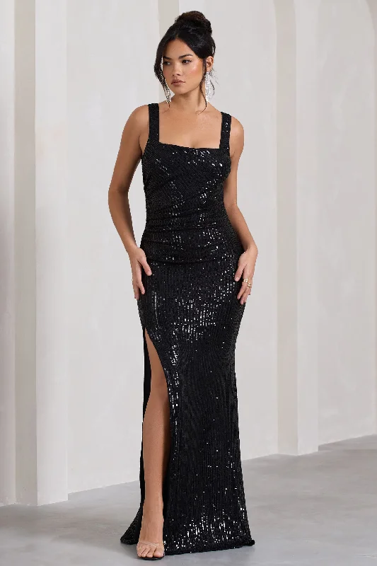 Special Promotion Yvonne | Black Sequin Open-Back Bodycon Maxi Dress