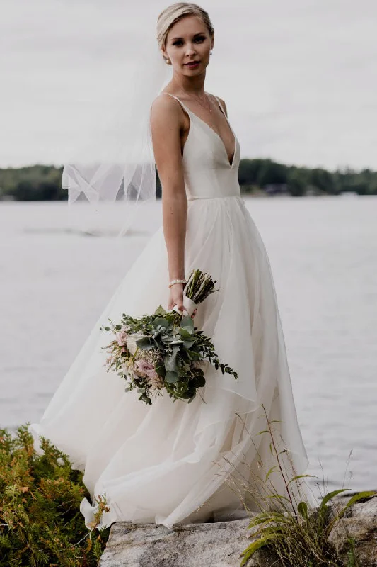 Discount Extravaganza Simple Wedding Dresses Spaghetti Straps Backless Tulle Satin V Neck Bridal Gown Discount Extravaganza Simple Wedding Dresses Spaghetti Straps Backless Tulle Satin V Neck Bridal Gown