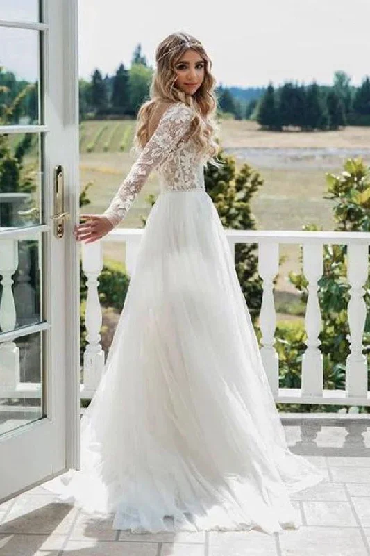 Hurry In Chic Long Backless Ivory Wedding Dresses With Sleeves Charming Bridal Gown
