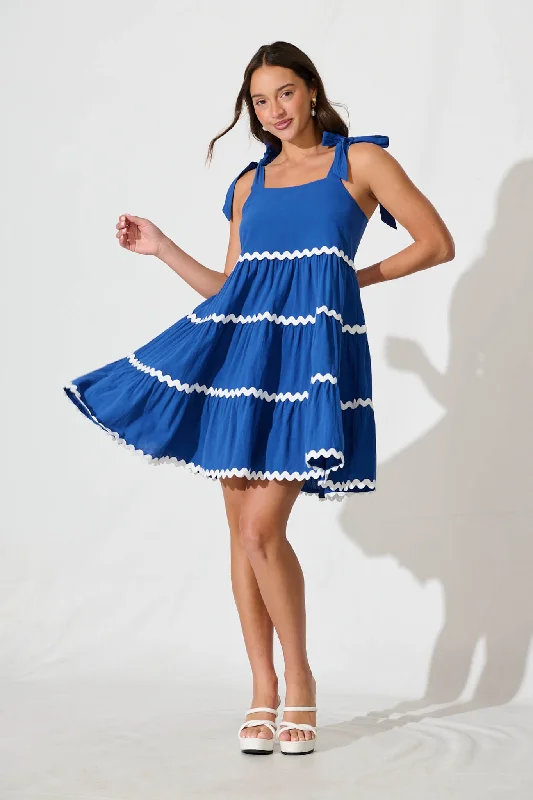 Discount Deals Claus Dress In Blue With White Ric Rac Trim Cotton