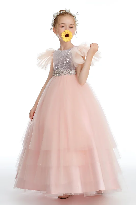 Price Rollback Ruffles Silver Sequins Pink Tulle Flower Girl Dresses With Beading