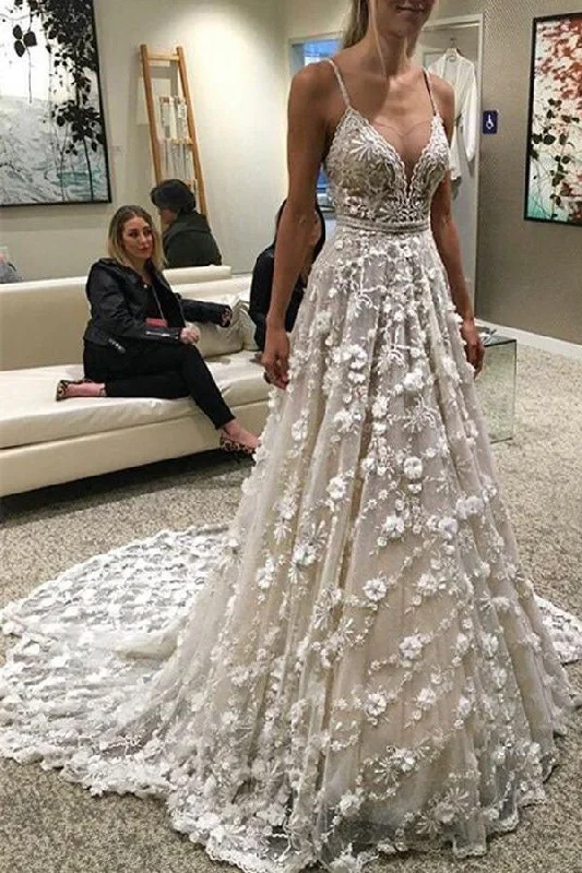 Can't Miss Unique Spaghetti Straps Backless V Neck Wedding Dresses Sleeveless Sweep Train Can't Miss Unique Spaghetti Straps Backless V Neck Wedding Dresses Sleeveless Sweep Train