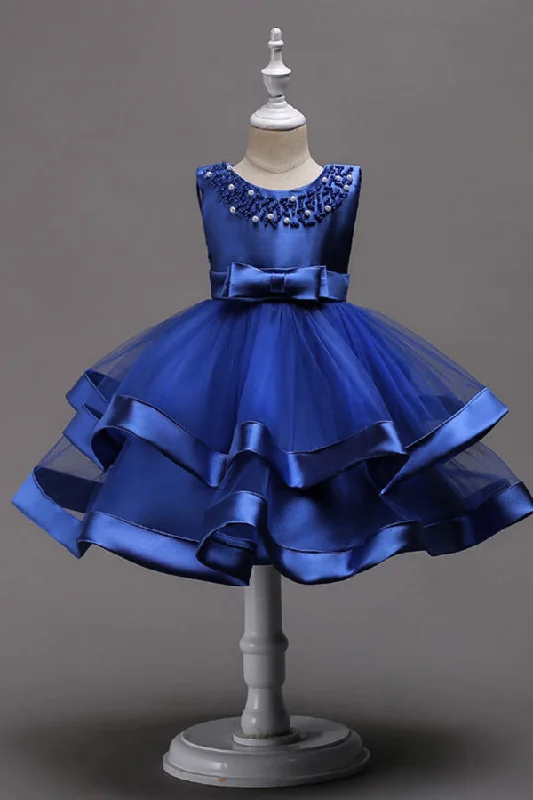 Last Chance Cute Blue Satin Round Neck With Beaded Ball Gown Flower Girl Dresses