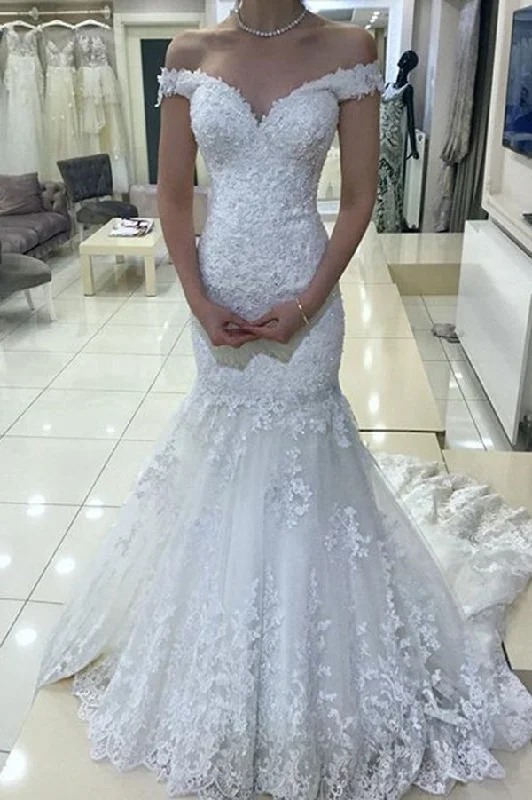 Special Savings Simple Off the Shoulder Sweetheart Tulle Mermaid Wedding Dresses
