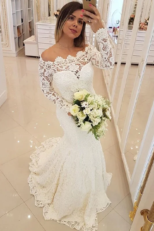 Stock Clearance Gorgeous Off Shoulder Long Sleeves Mermaid Wedding Dresses