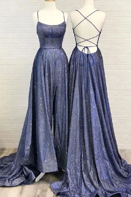 Seasonal Sale Beautiful Spaghetti Straps Backless Long Blue Party Prom Dresses