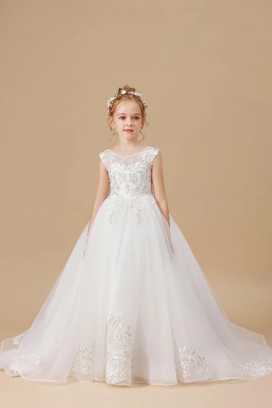 Online Only Ivory Sleeveless Applique Sweep trailing Multi-Layer Tulle Flower Girl Dresses Online Only Ivory Sleeveless Applique Sweep trailing Multi-Layer Tulle Flower Girl Dresses