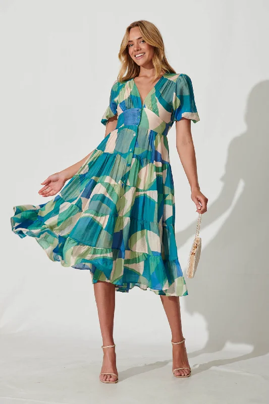 Quick Sale Modica Midi Dress In Blue Green Patchwork Chiffon