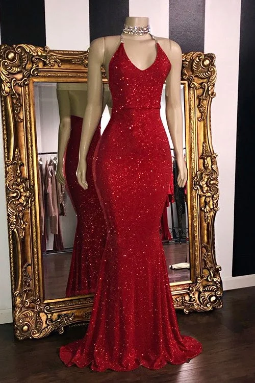 Markdown Madness Glitter Halter Sheath Backless Long Prom Dresses Fashion Dresses