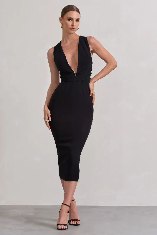 Closeout Odessa | Black Plunge Sleeveless Midi Dress With Tie Waist