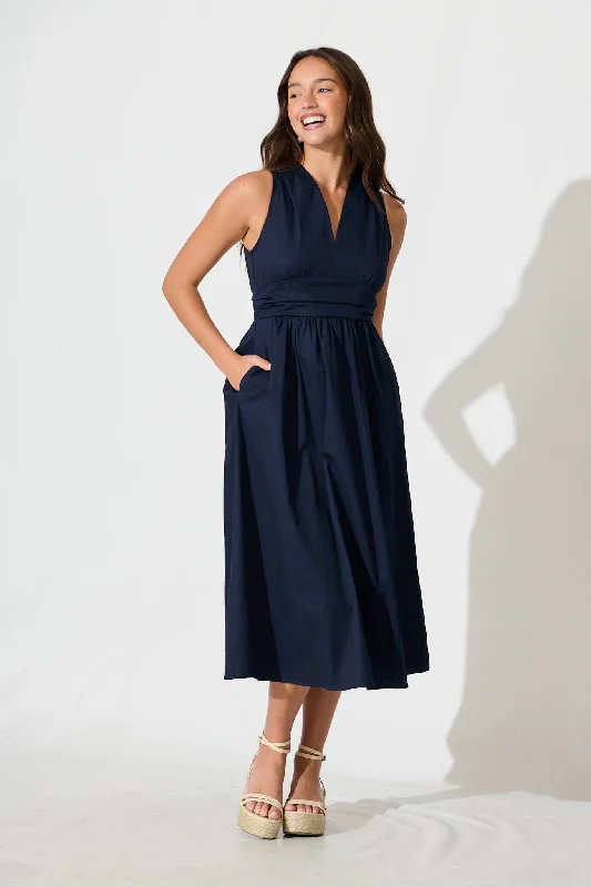 Year-End Sale Odelle Midi Dress in Navy Cotton