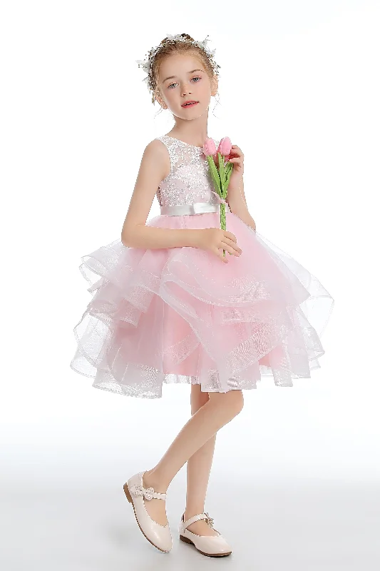 Huge Discounts Pink Layered V Back Tulle Flower Girl Dresses