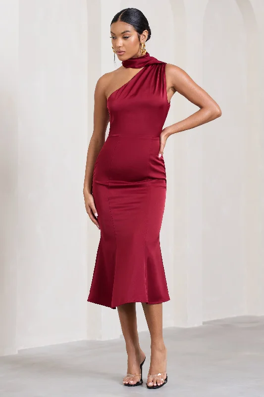 Clearance Event Golden Girl | Burgundy Satin One Shoulder High-Neck Flared Midi Dress