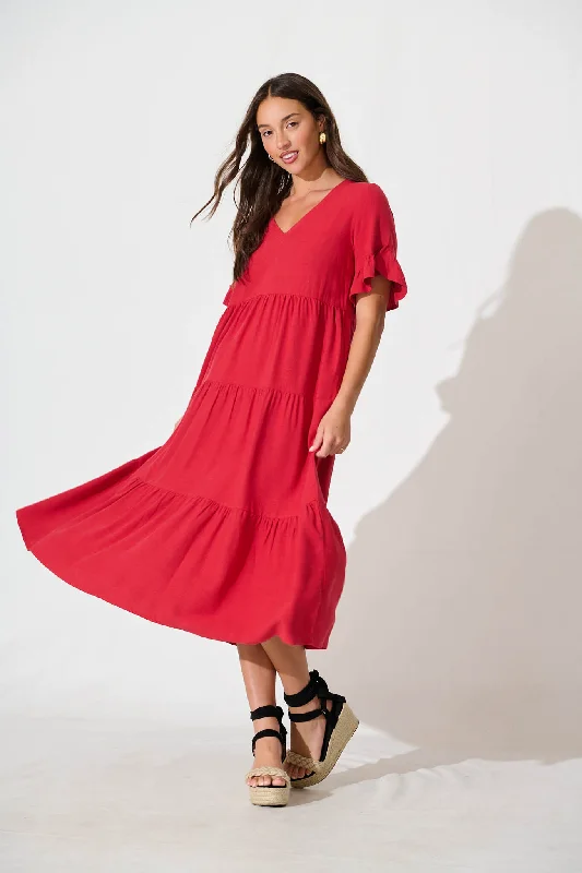 Customer Appreciation Sale Kristen Midi Smock Dress In Red Linen Blend