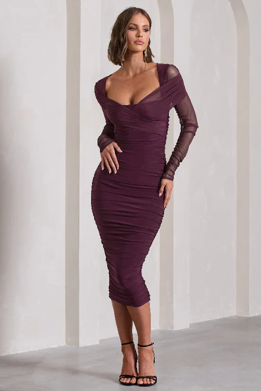 Year-End Sale Between The Lines | Plum Ruched Mesh Long-Sleeved Bodycon Midi Dress