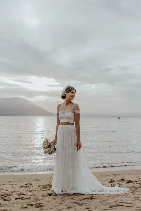 Special Discount Two Piece Off Shoulder Sweep Train Wedding Dresses