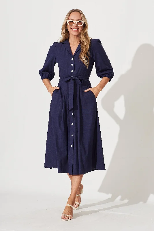 Hurry In Minnie Midi Shirt Dress In Navy Plain Cotton