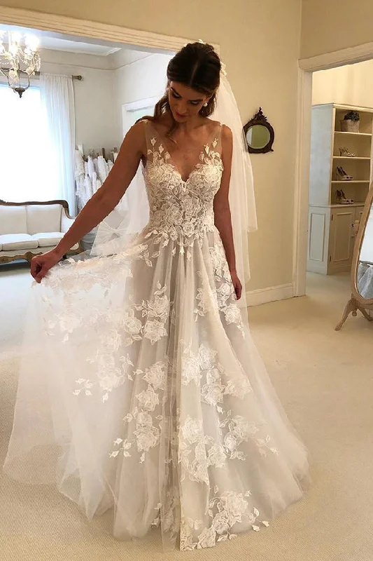 Must-Have Deals Elegant Lace V Neck Backless With Applique Wedding Dresses