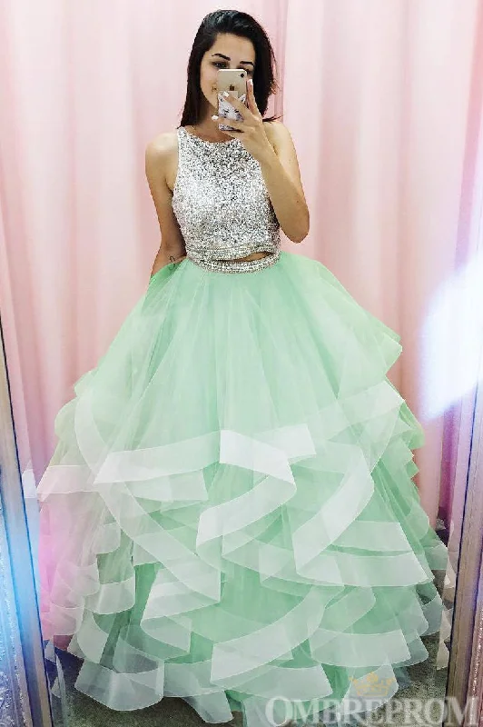 Price Fest Elegant Round Neck Two Piece Prom Dresses Ruffle with Sequins